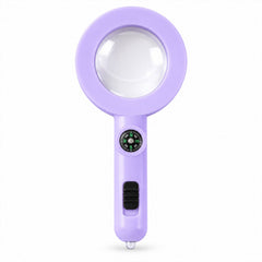A purple magnifying glass with a built-in compass and black power switch is centered on a plain white background.
