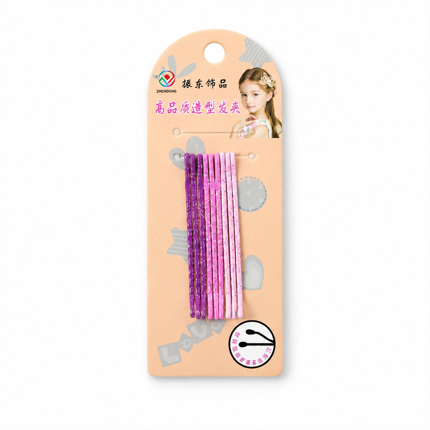 A retail package displays nine glitter bobby pins, five purple and four pink, on a cardboard backing with a child's image.