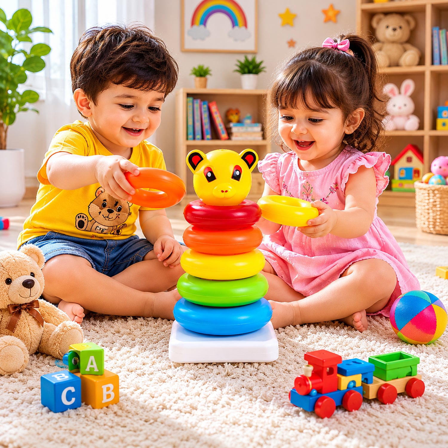 Plastic Baby Kids Teddy Stacking Ring Jumbo Stack Up Educational Toy 5pc