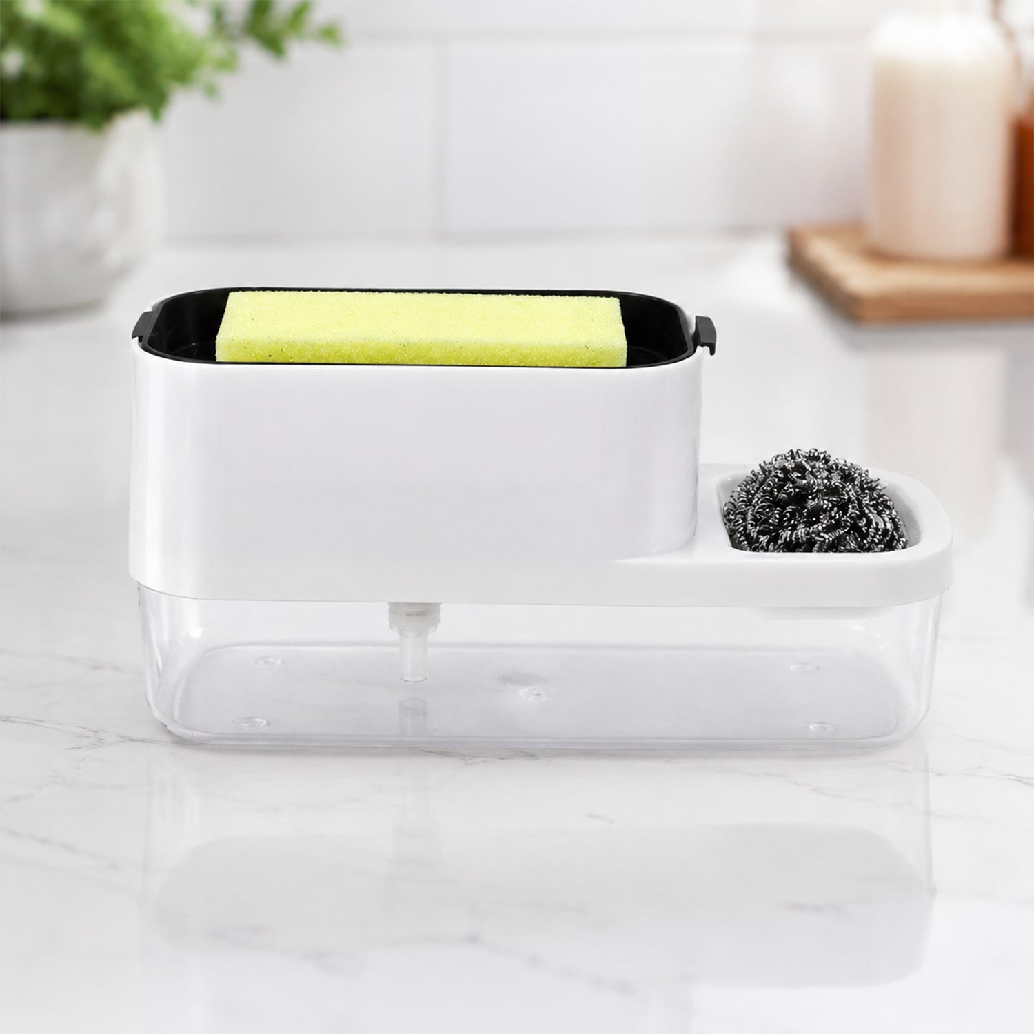 Tidy kitchen sink with 2-in-1 Dish Soap Dispenser & Sponge Holder