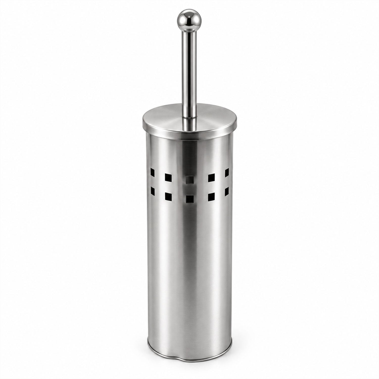 A sleek, brushed stainless steel toilet brush and holder set, featuring a rounded handle and square ventilation holes.