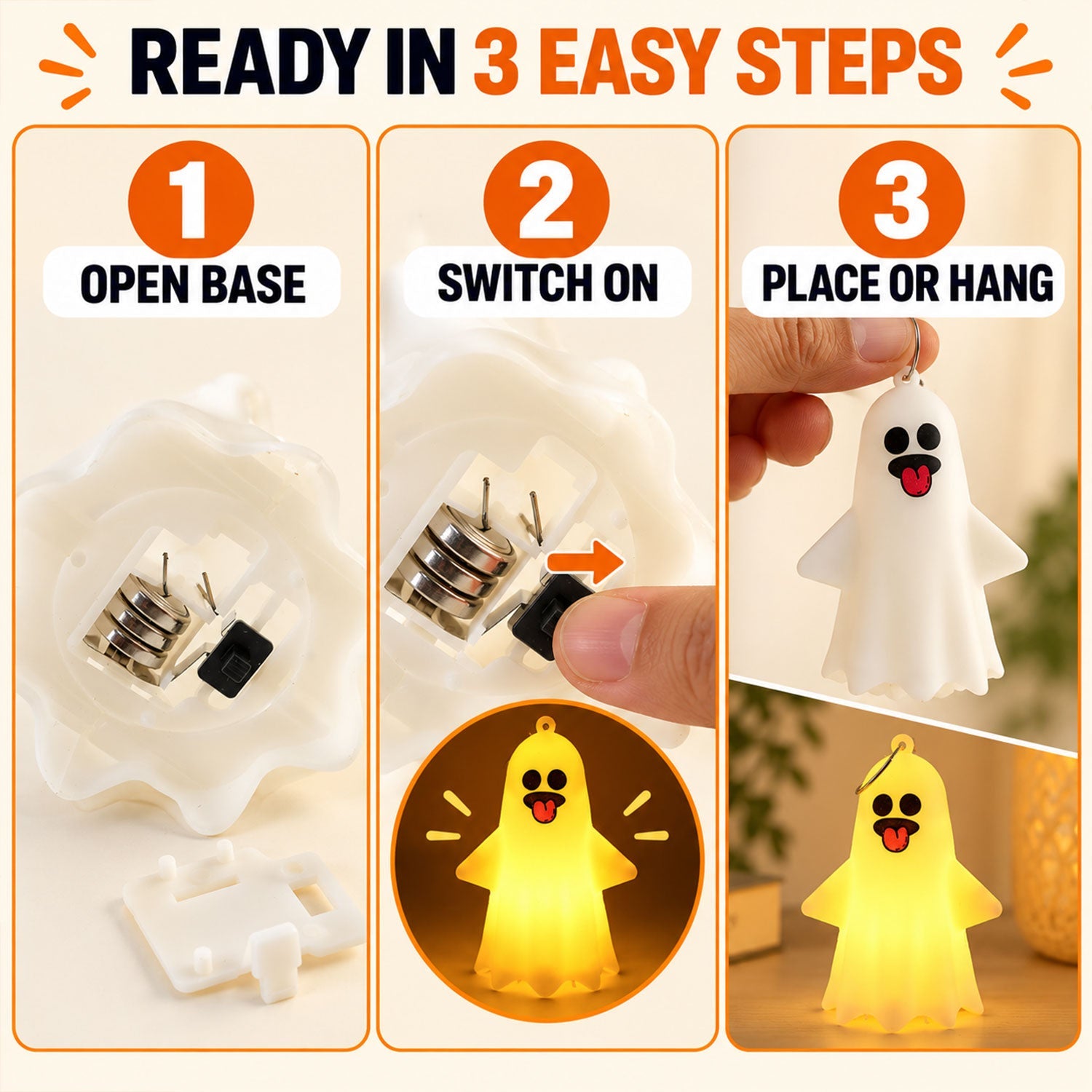 Twelve ghost LED night lights with various expressions on a plain white background
