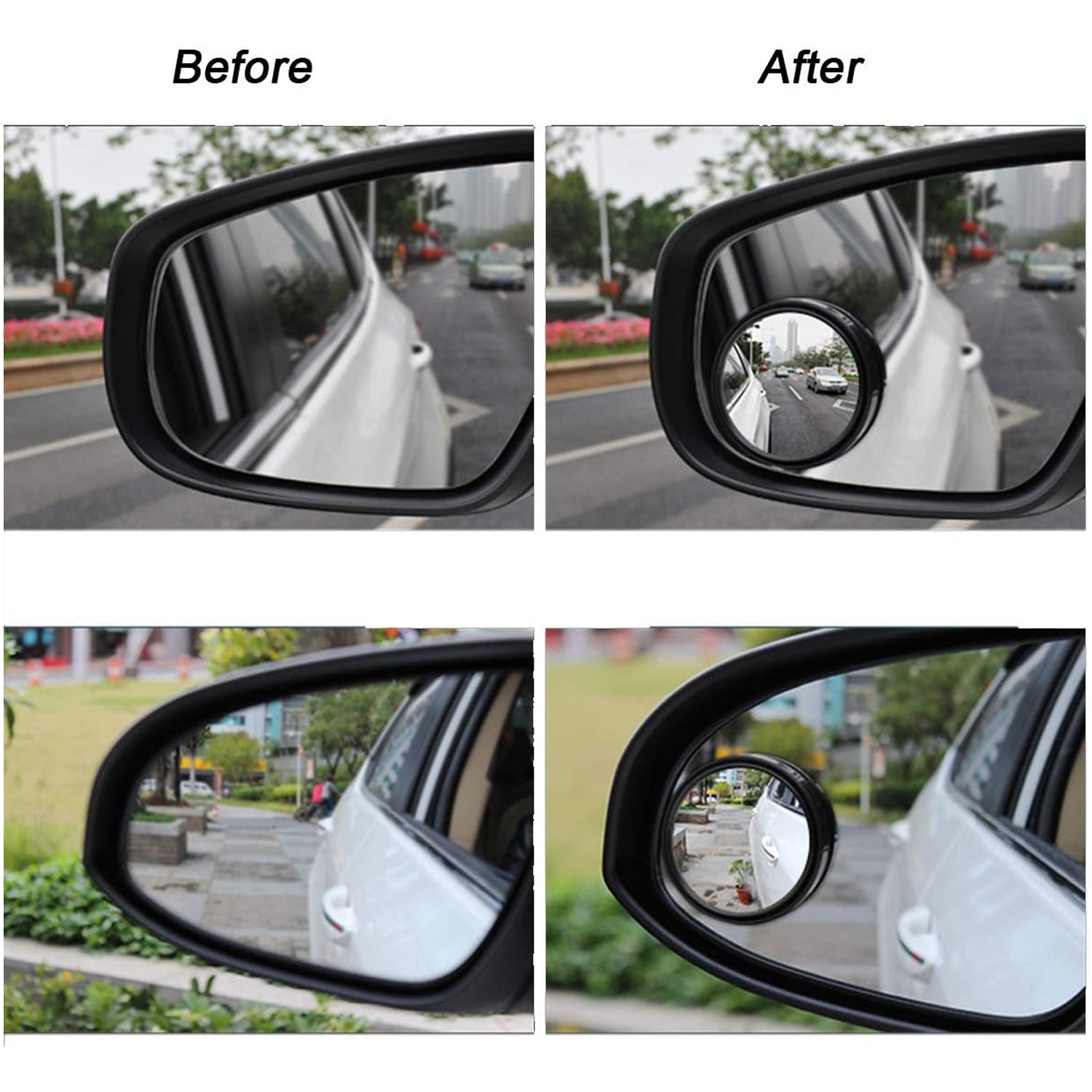 Driver's view with blind spot mirror reducing blind area