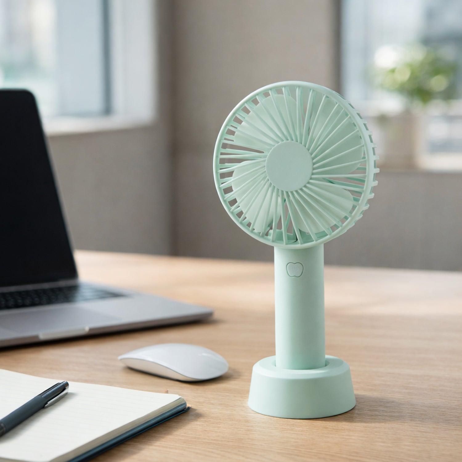 Portable fan showing on/off button and design details
