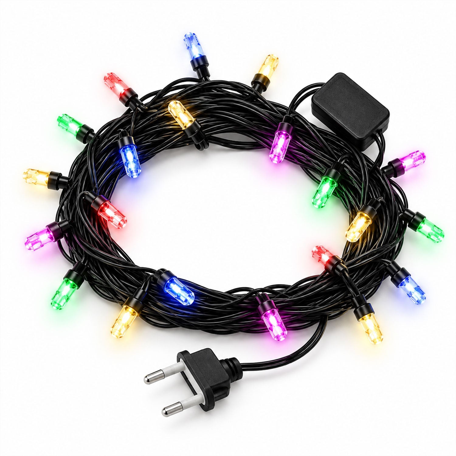 A coiled string of multicolor LED lights with a black wire, a power plug, and a control box on a white surface.