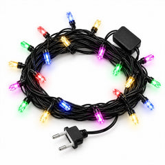 A coiled string of multicolor LED lights with a black wire, a power plug, and a control box on a white surface.
