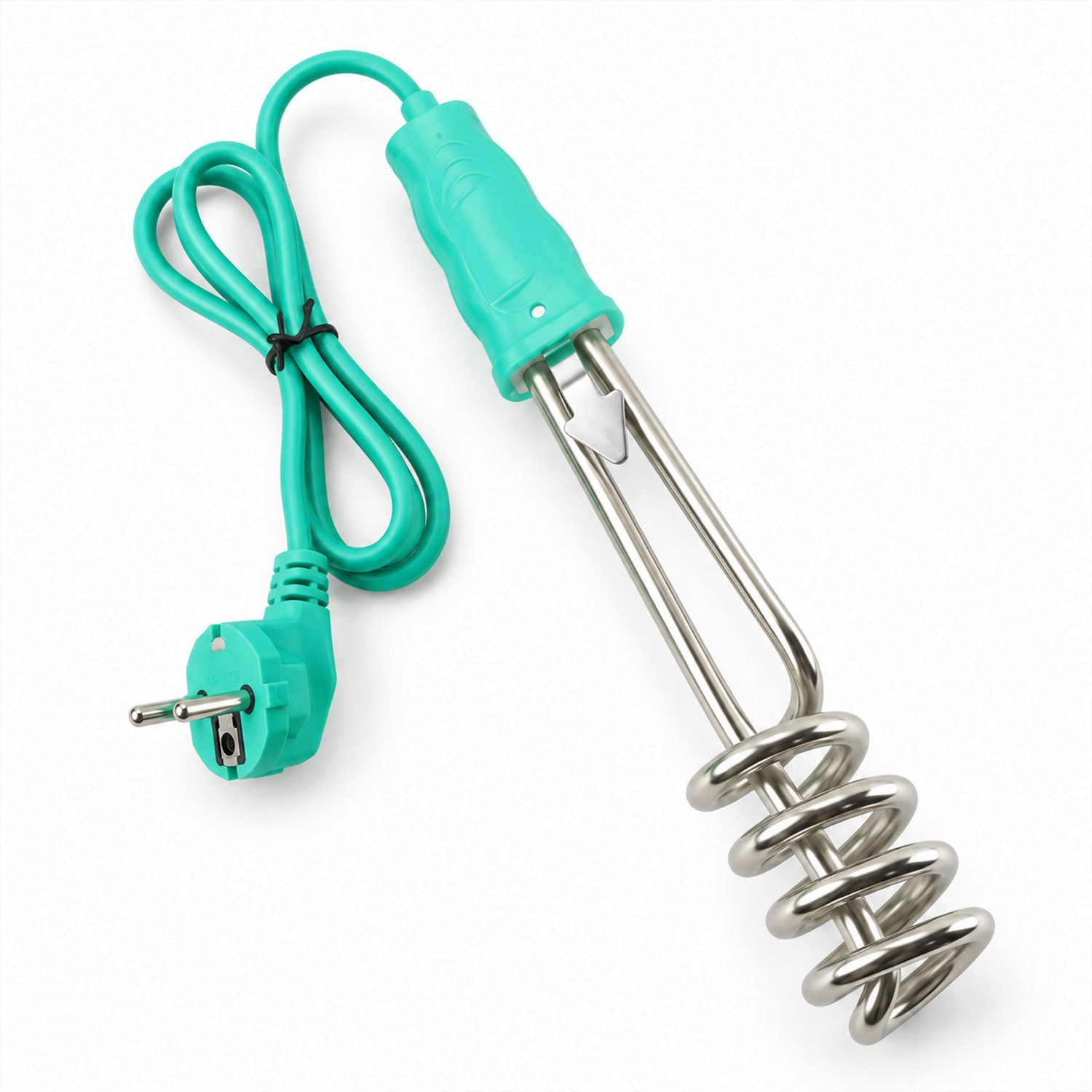 The teal and silver electric immersion water heater rod, with its cord coiled, rests on a clean white background.