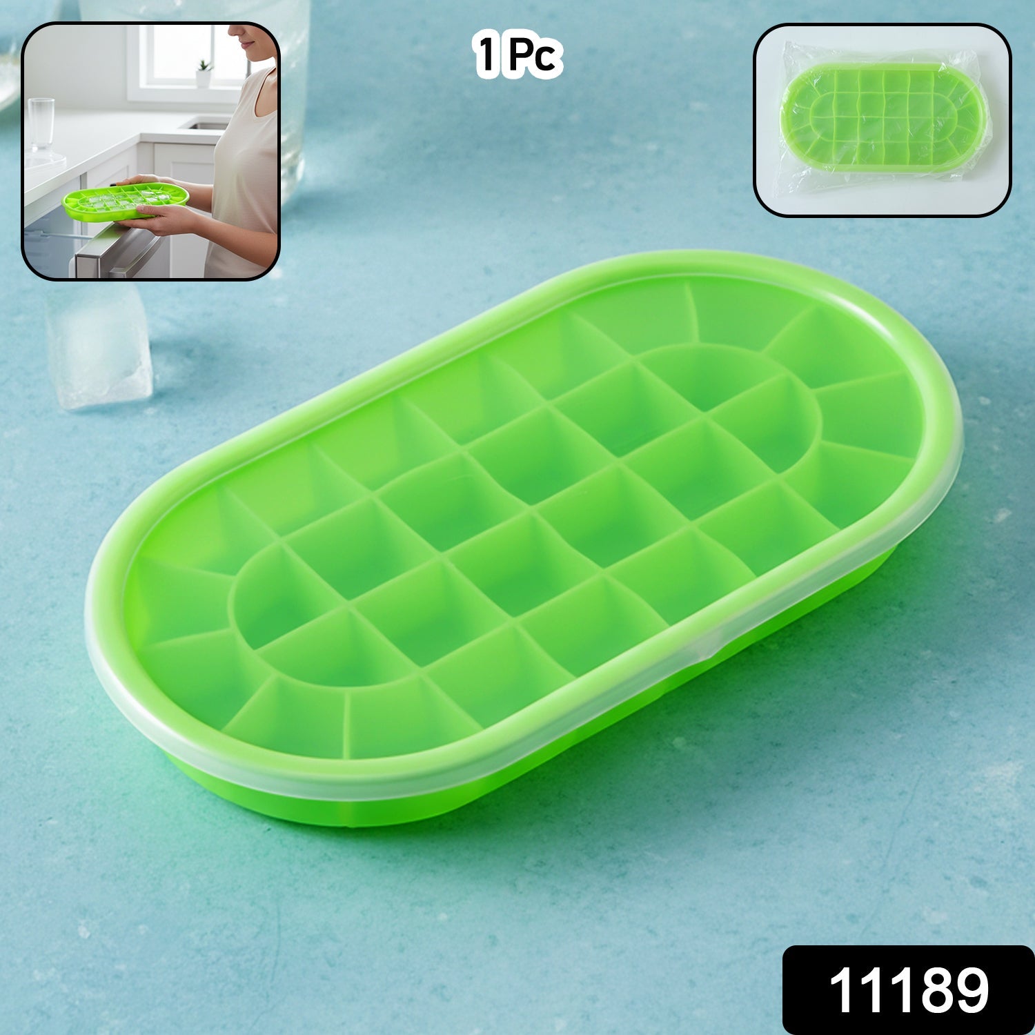 Flexible oval ice cube tray showing lid