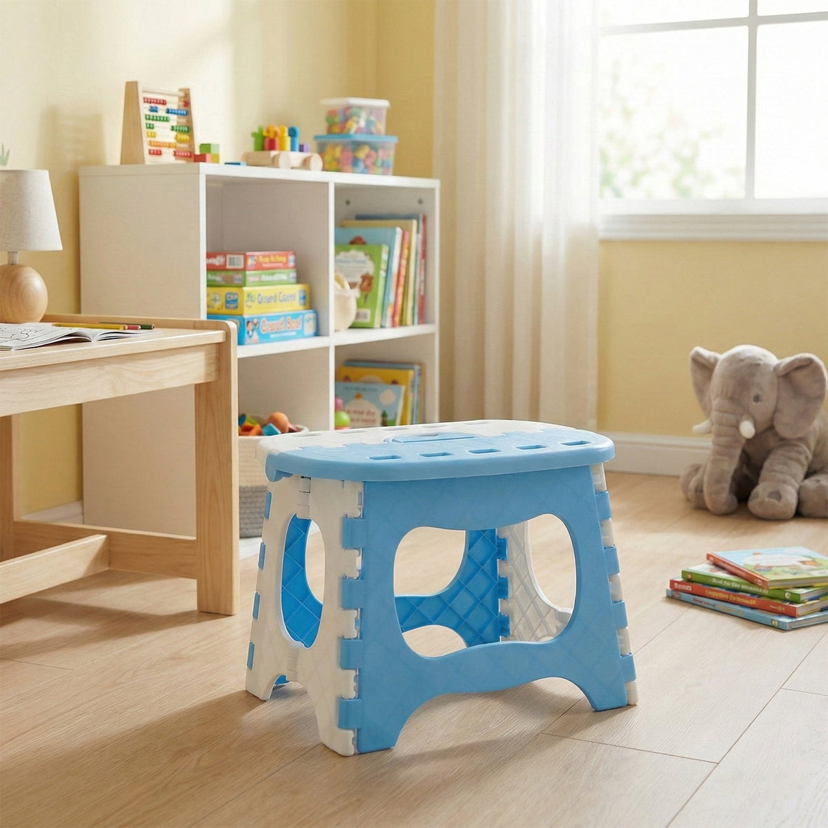Child Using Foldable Step Stool at Bathroom Sink