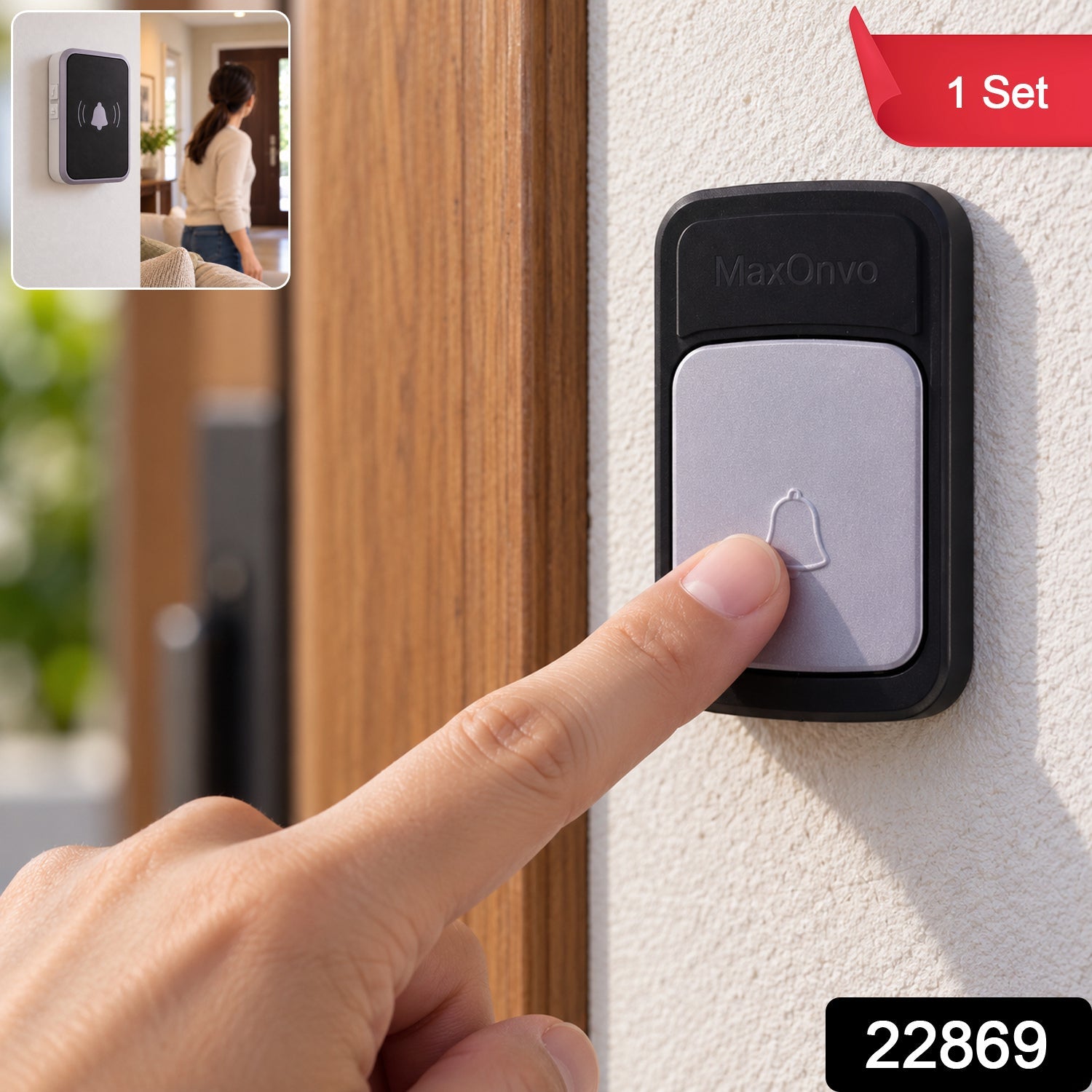 A person's finger presses the light grey button of a black wireless doorbell transmitter on a white wall next to a â€“ view 9