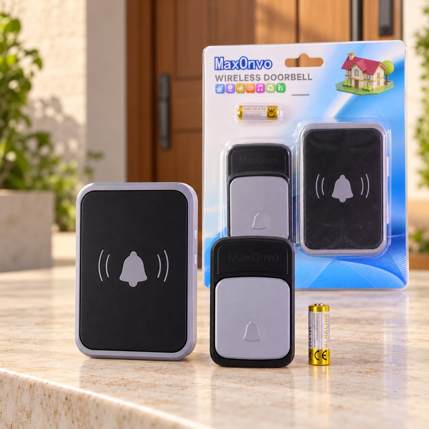 A wireless doorbell set, including a transmitter, receiver, and battery, sits on a stone surface with its packaging behind