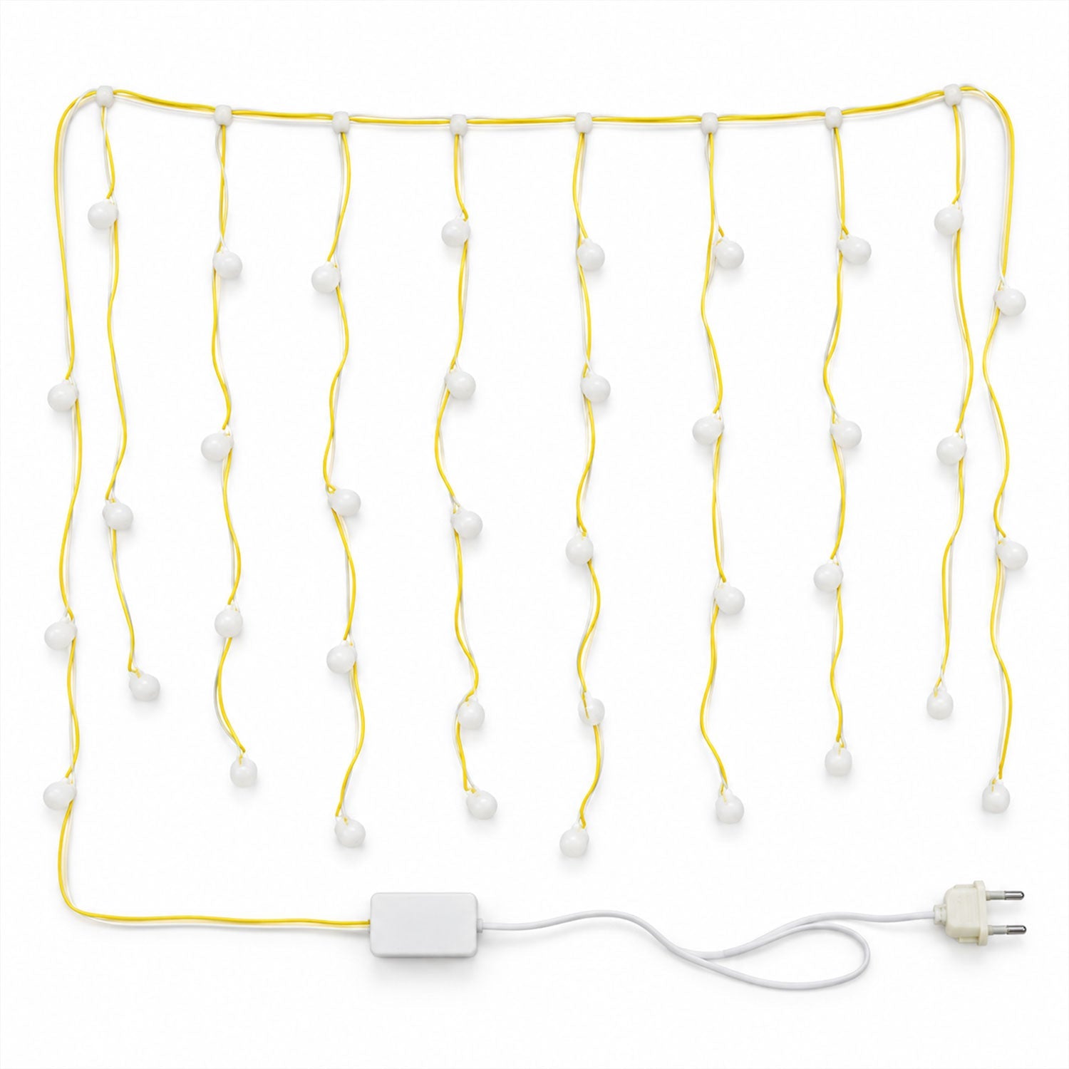 The warm white bulb string lights are neatly arranged on a white surface, showing the control box and a two-pin plug.