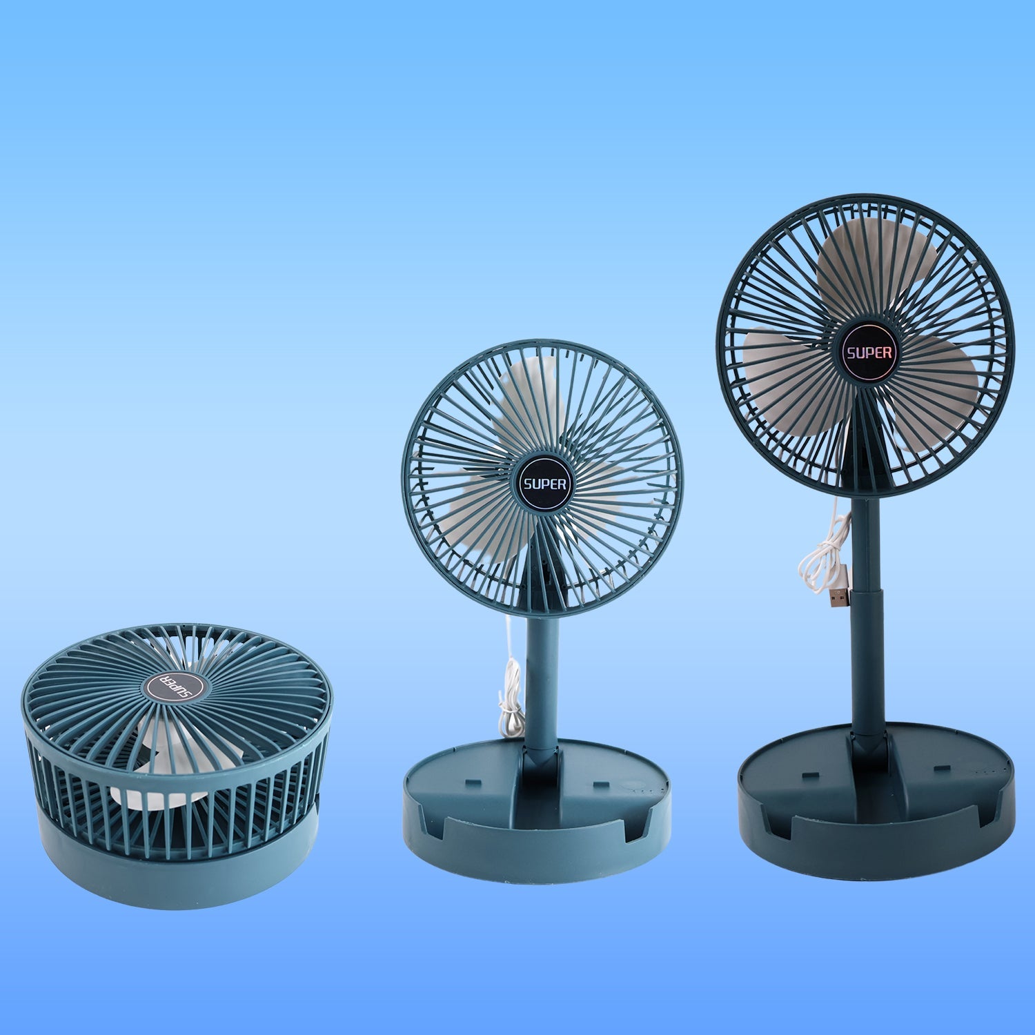Adjustable portable desktop fan shown folded