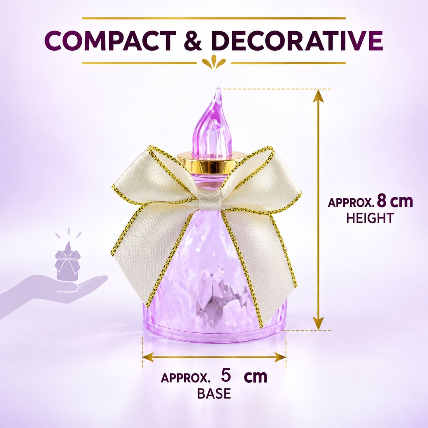 A single purple faceted LED candle with a cream bow and gold trim is shown with its approximate height and base dimensions.