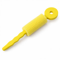 A single yellow foam hair roller with a textured handle and circular end is displayed.