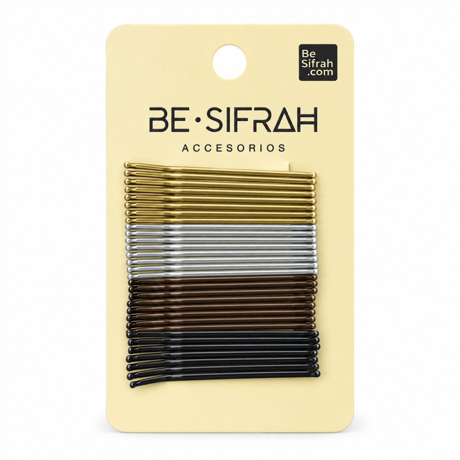 A yellow card packaging shows rows of gold, silver, brown, and black bobby pins on a white background.