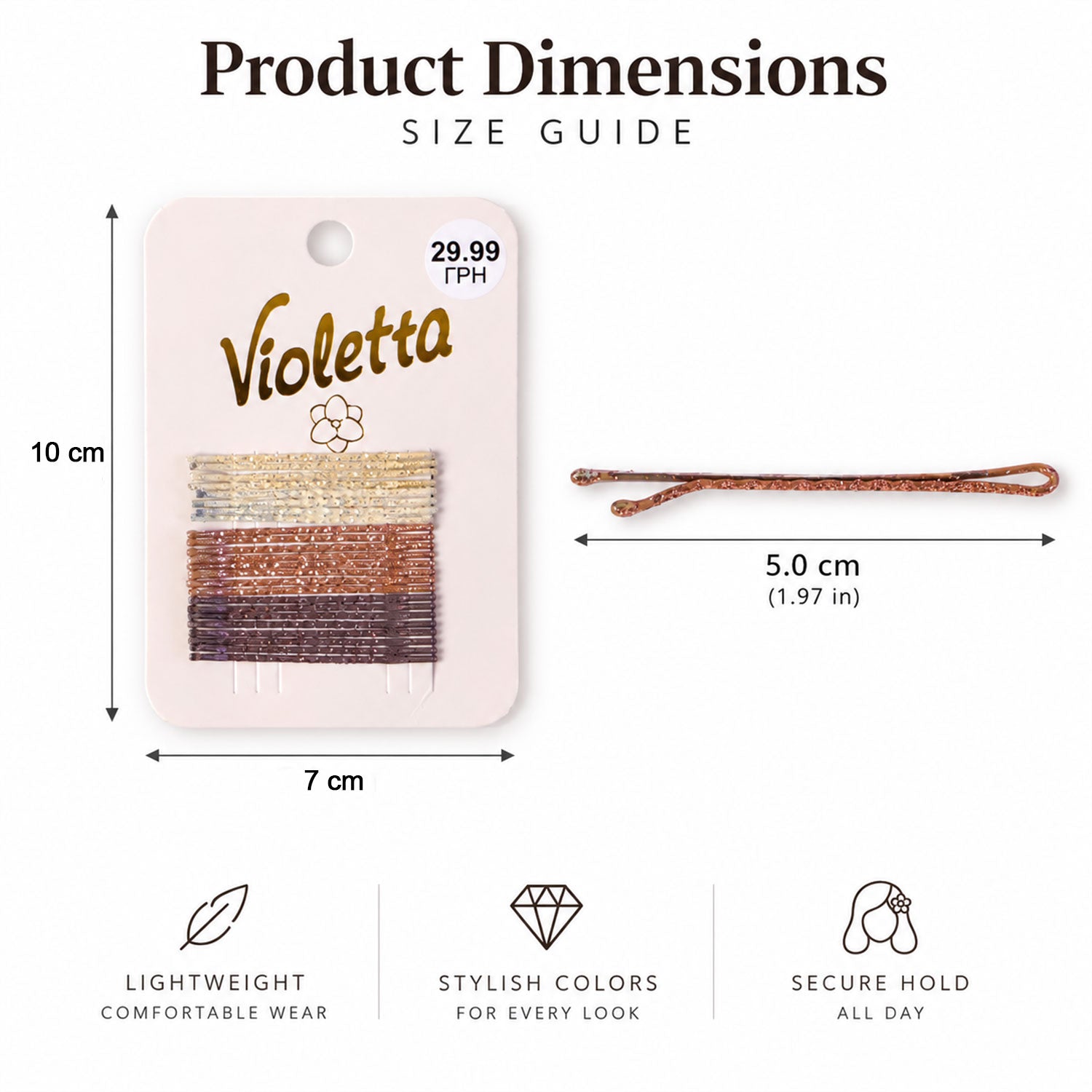 A pink card of glitter bobby pins next to a single copper pin, with dimensions of 10cm, 7cm, and 5cm.