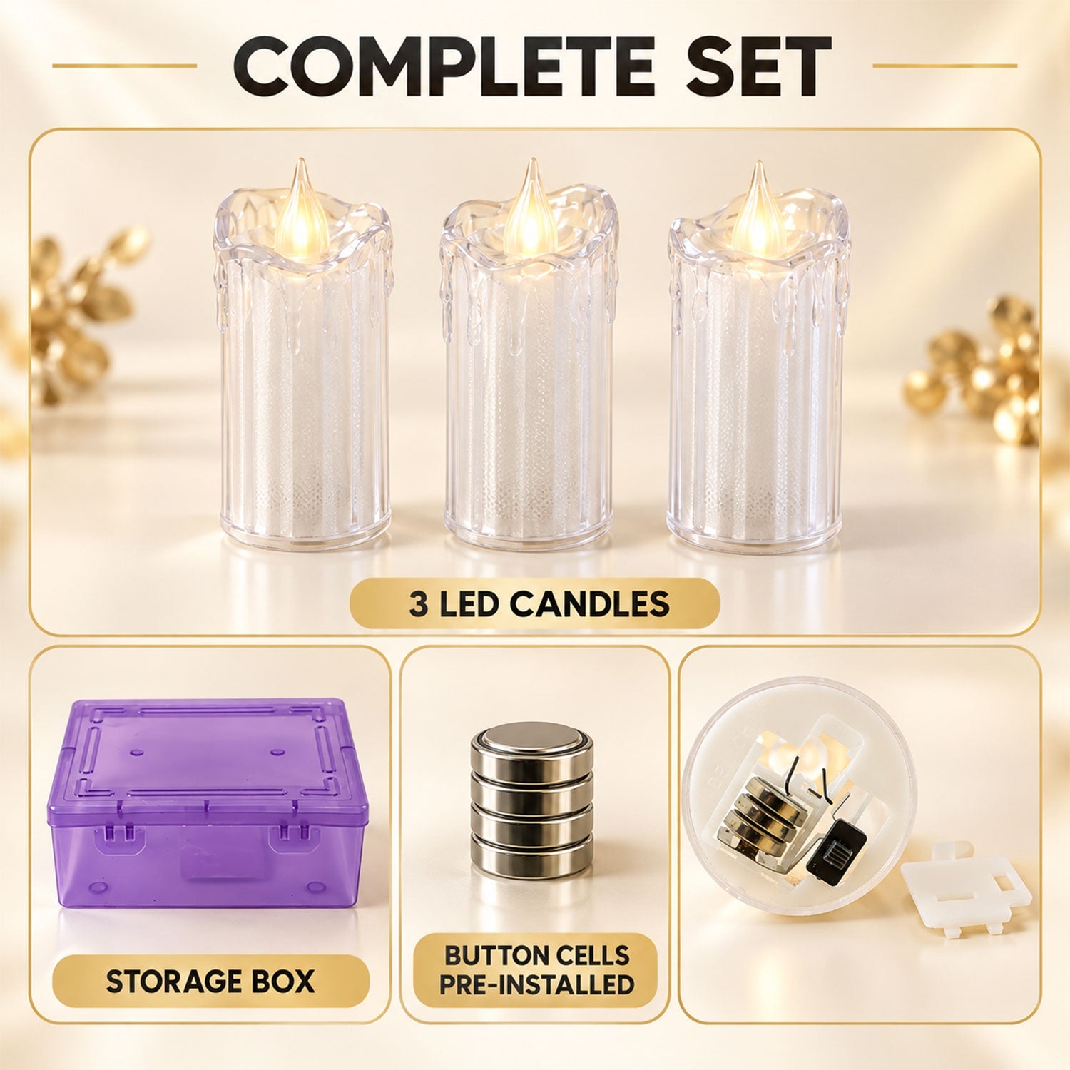 Clear plastic LED flameless pillar candles used as table decor
