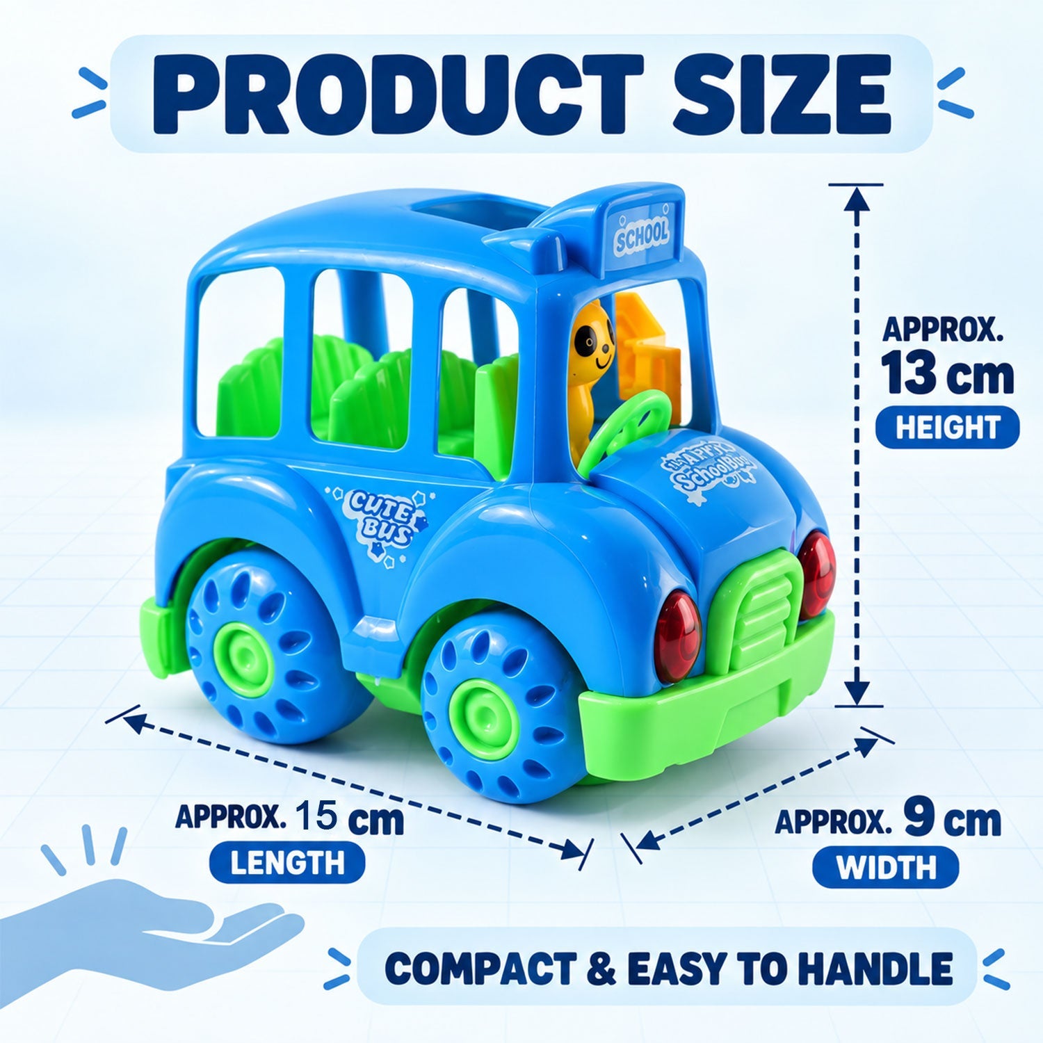 A blue toy bus is shown with its approximate length, width, and height dimensions.