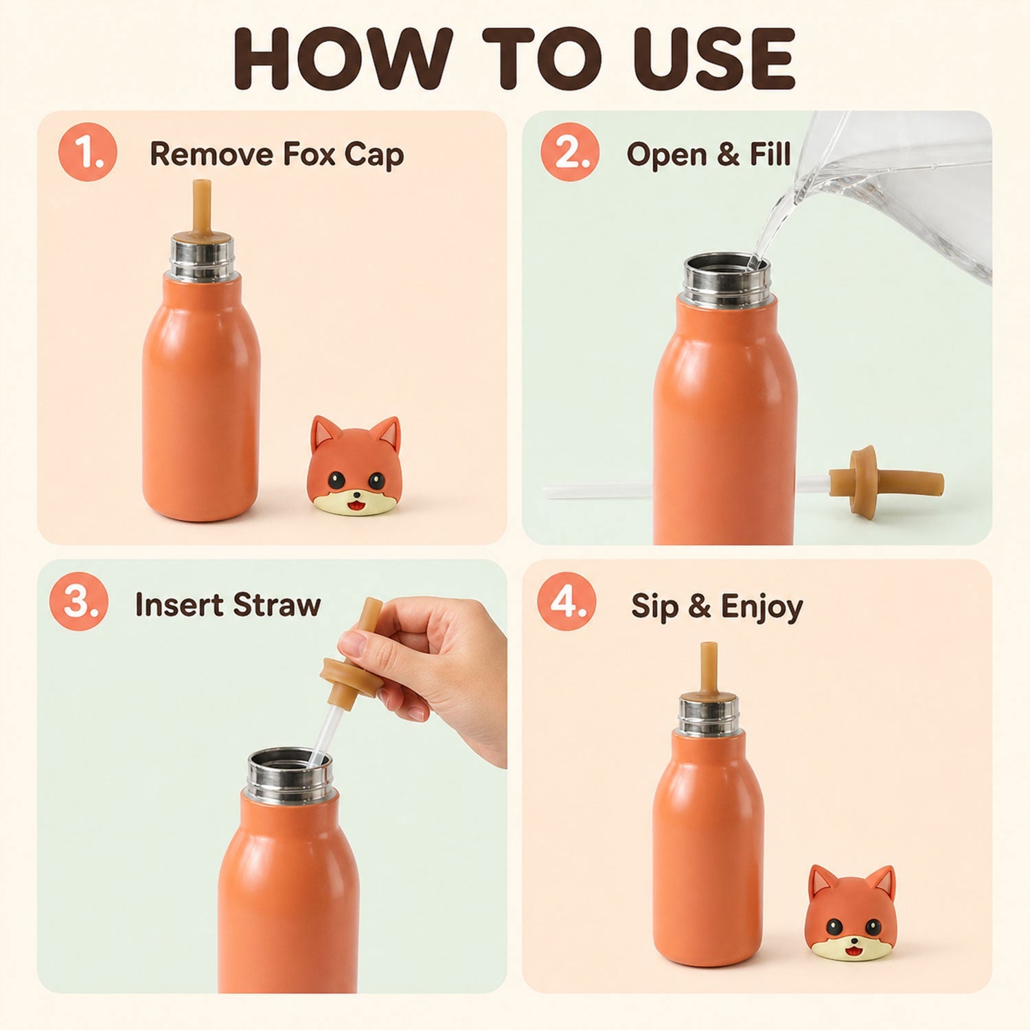 Kids water bottle shown in assorted designs