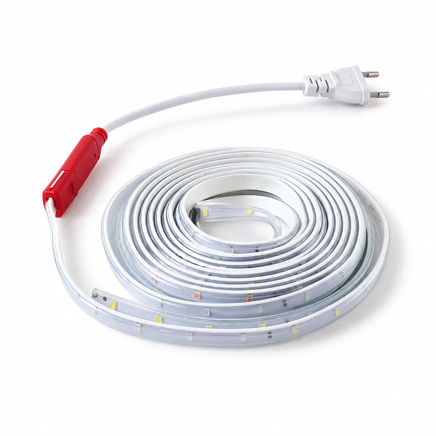 A white coiled LED light strip with a red inline control switch and a two-pin plug, shown unlit on a white surface.