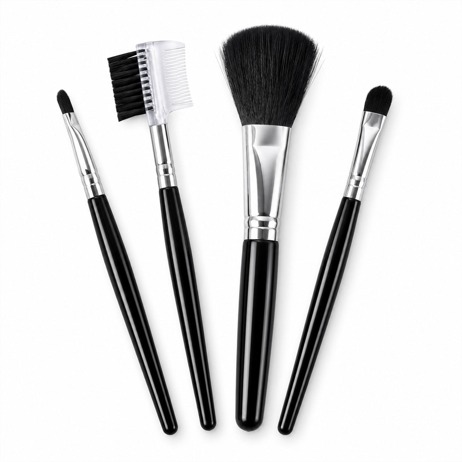 Four black makeup brushes with silver ferrules and black bristles are neatly arranged on a white background.