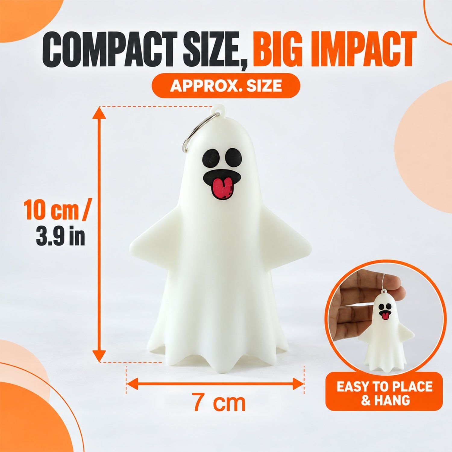 A white ghost light with a silly face is shown with measurements of 10 cm height and 7 cm width.