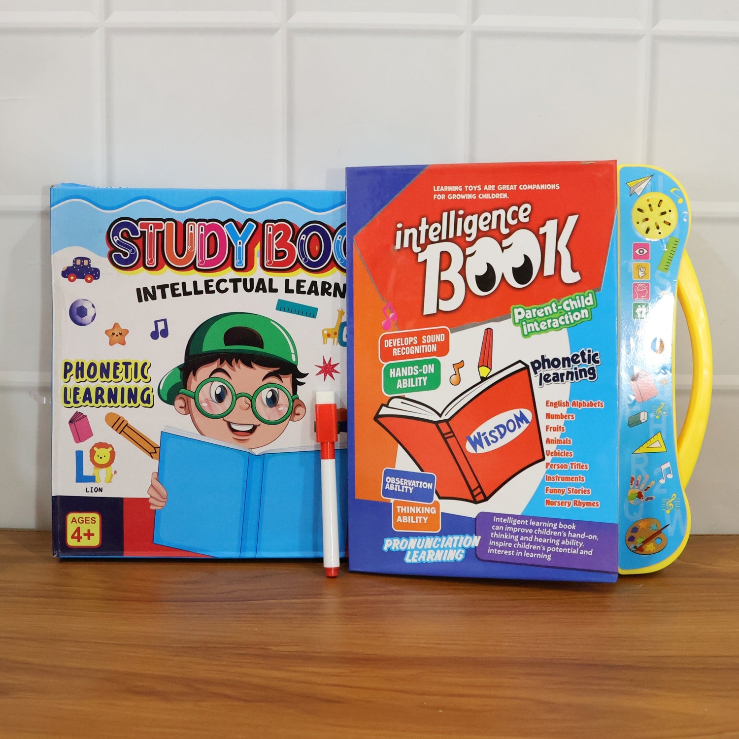 Child's hand interacting with a page on the musical learning book