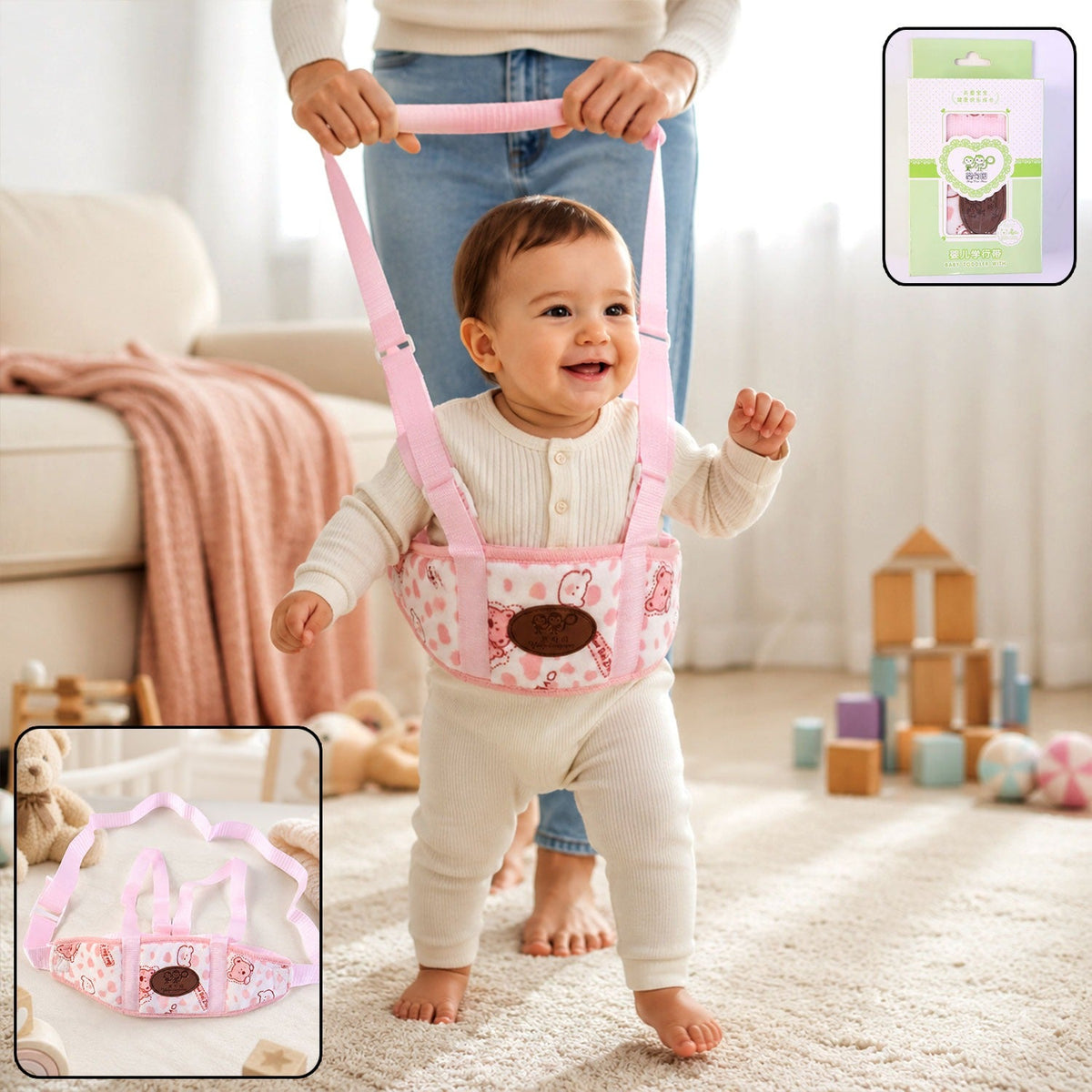 Adjustable baby walking assistant belt supporting toddler's first steps.