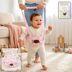 Adjustable baby walking assistant belt supporting toddler's first steps.