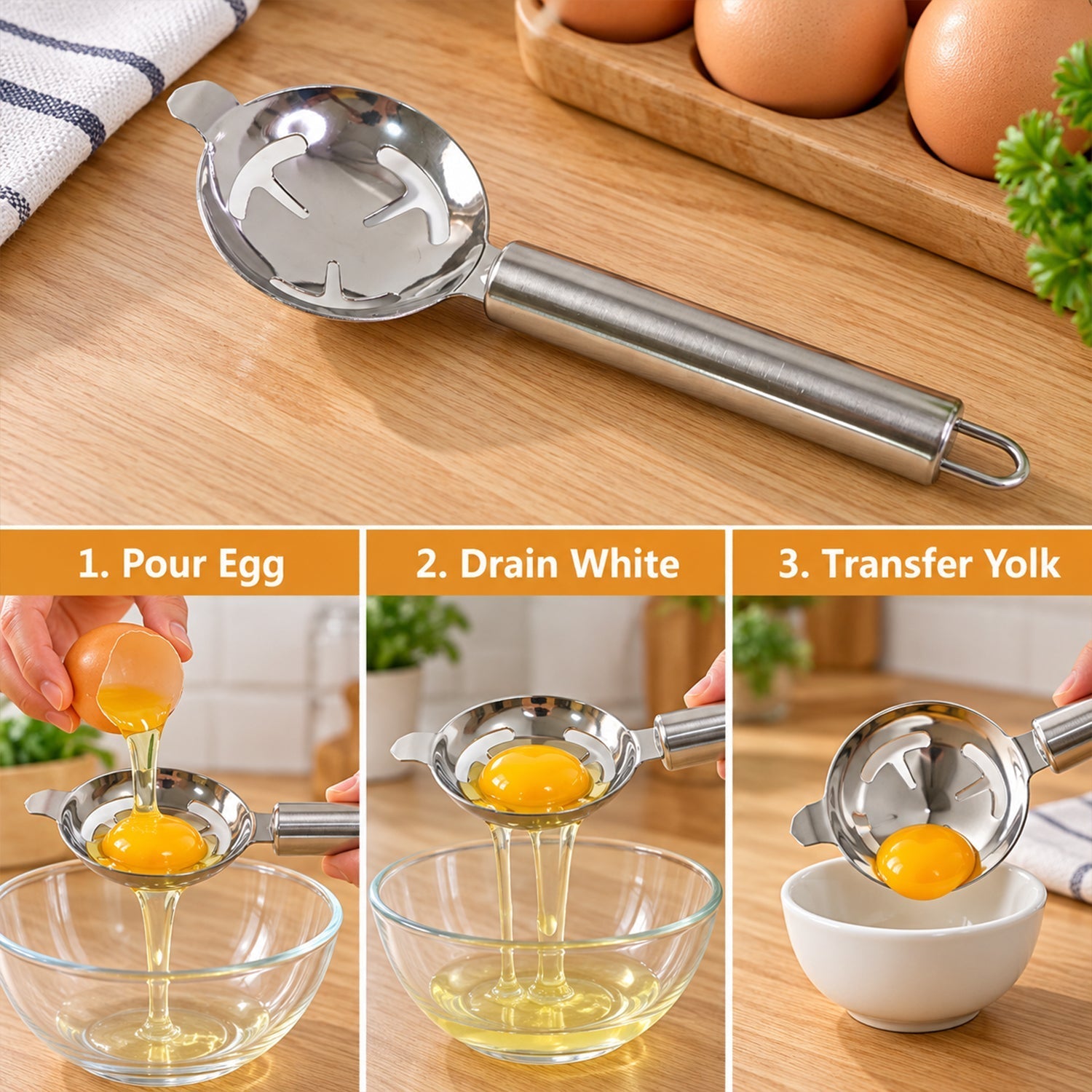 A three-panel image demonstrating the process of separating an egg yolk from the white using the stainless tool.