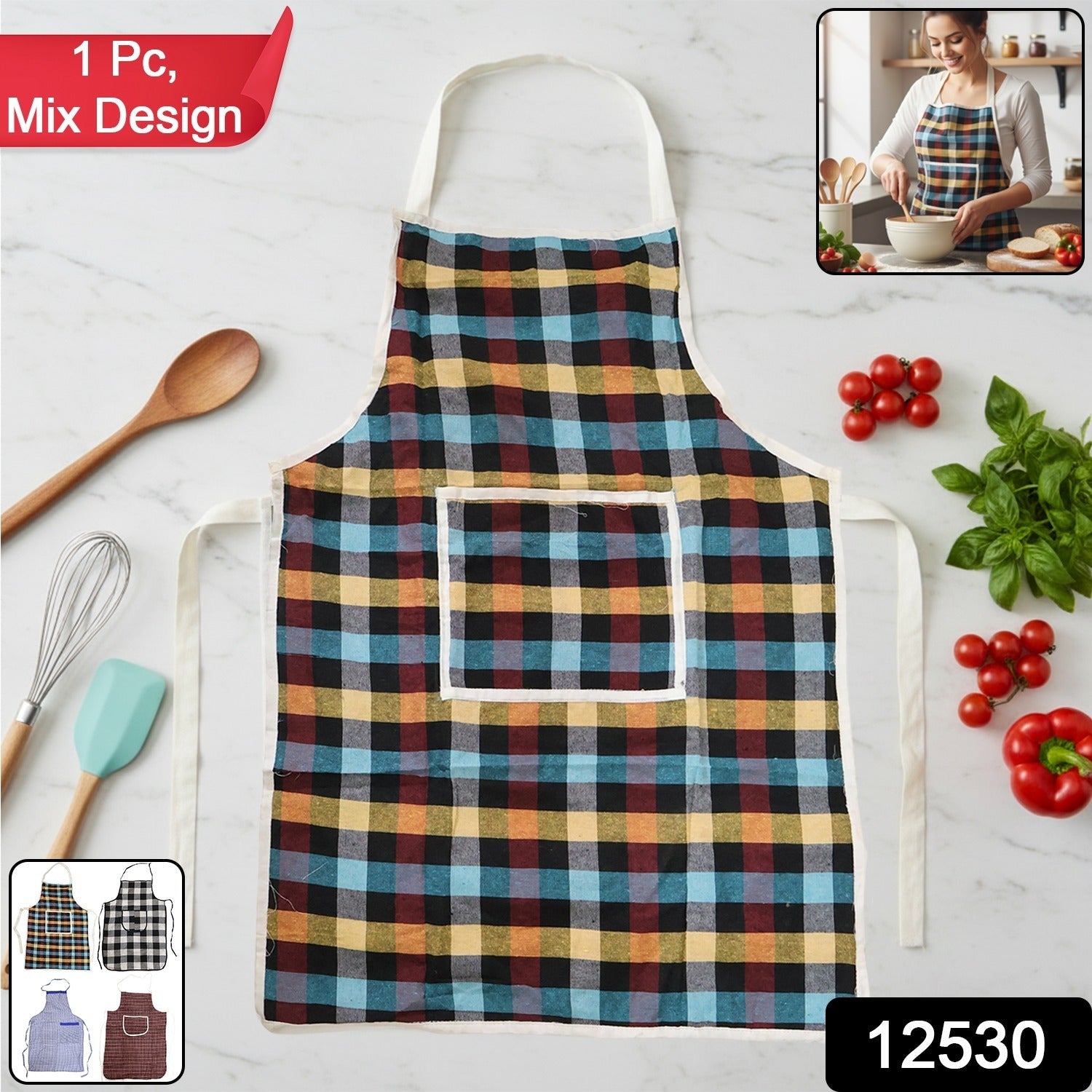 Cotton Checkered Kitchen Apron with Front Pocket (1 Pc)