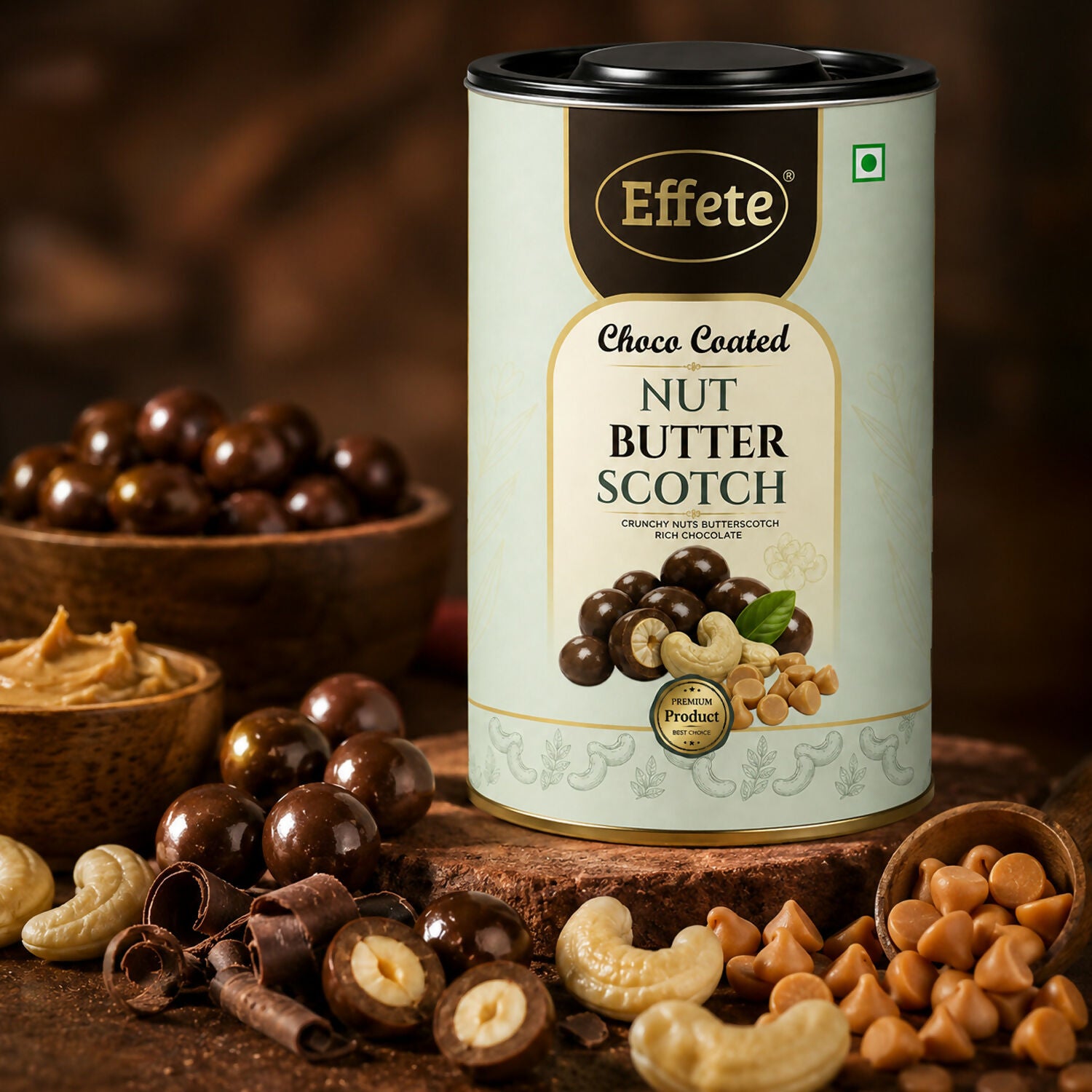 A hand presenting the elegant gift box of Effete Choco Coated Nut Butterscotch Chocolate.