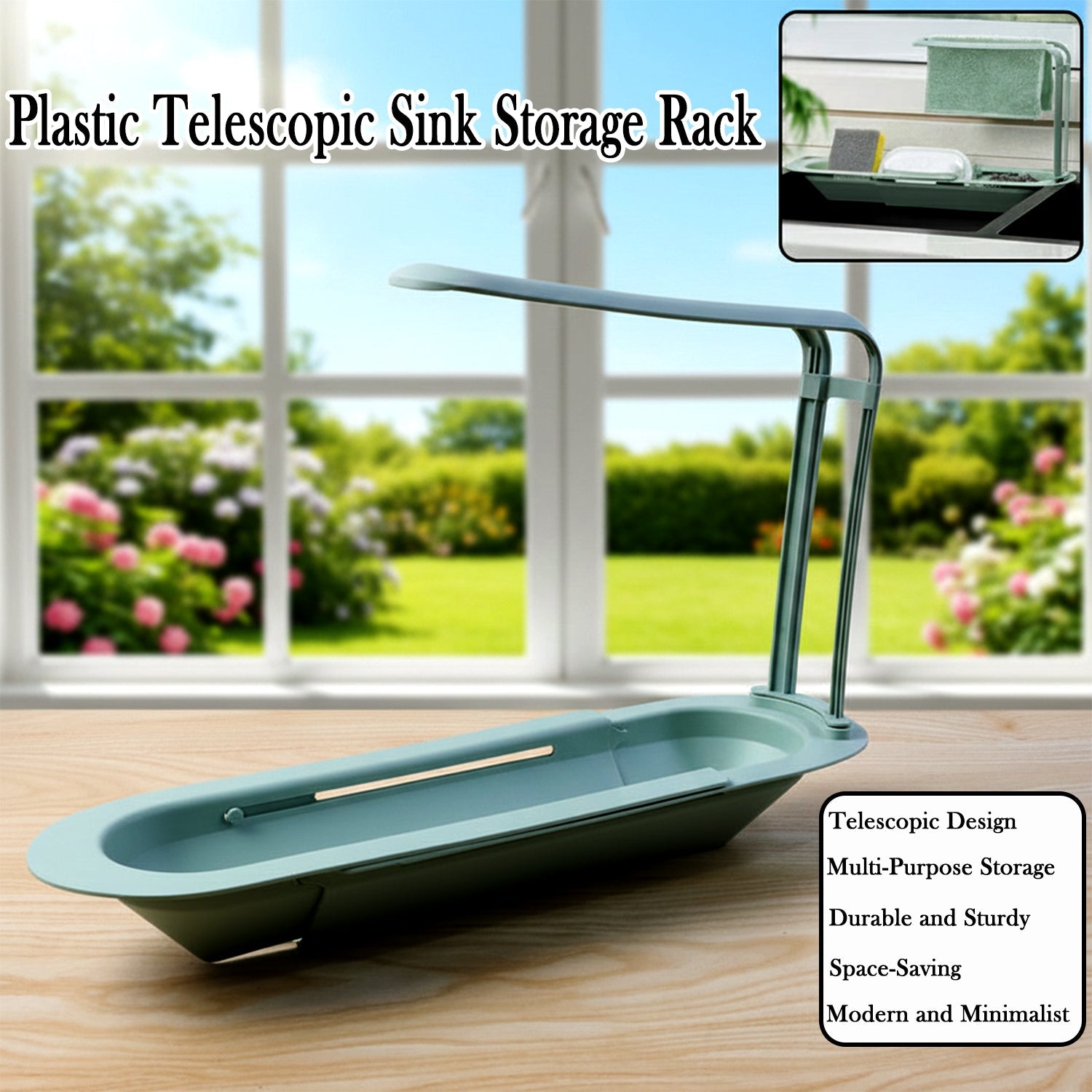 Full view of plastic telescopic sink storage rack