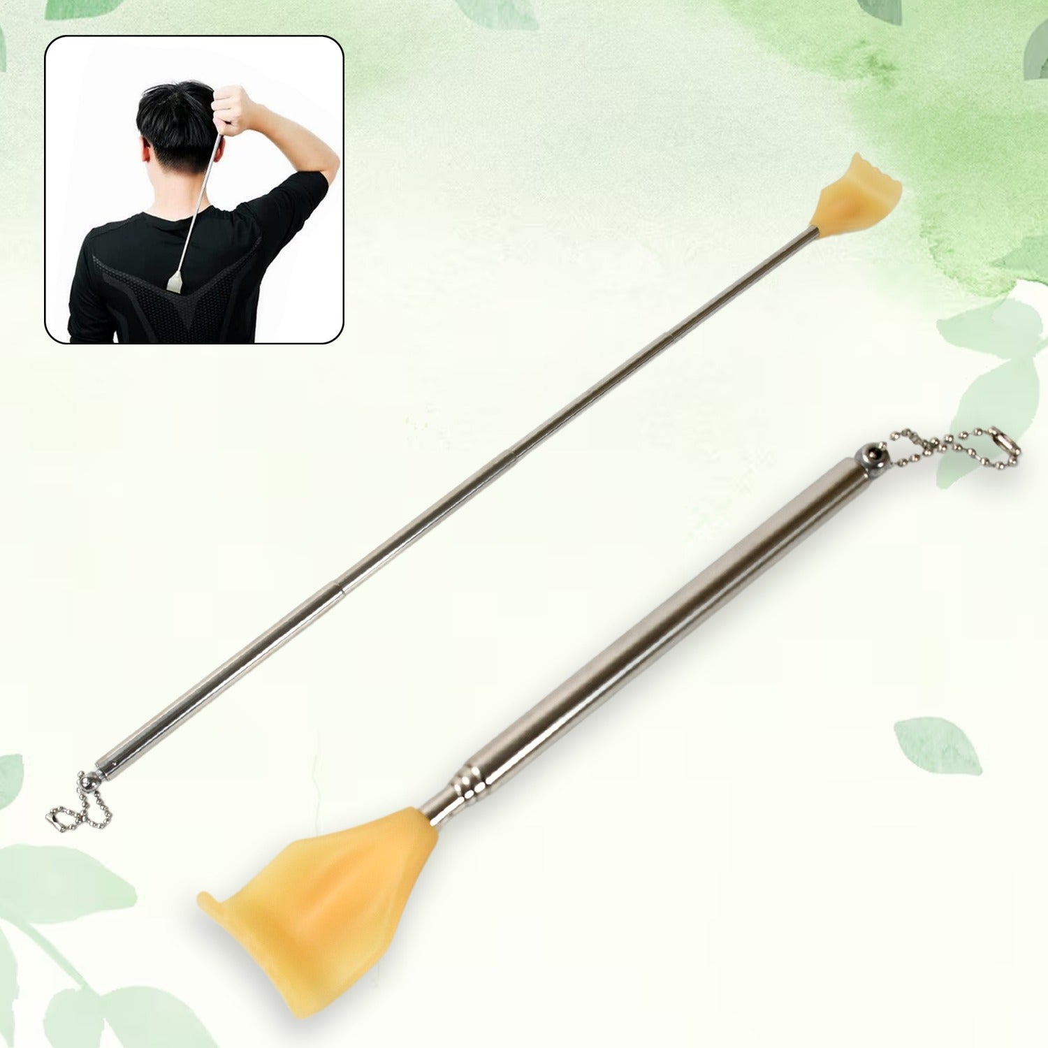 Telescoping stainless steel back scratcher extended