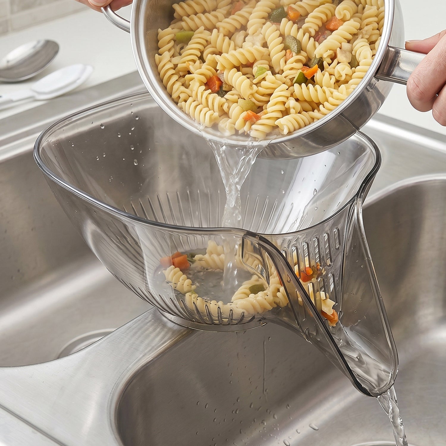 Strainer basket placed inside kitchen sink for washing