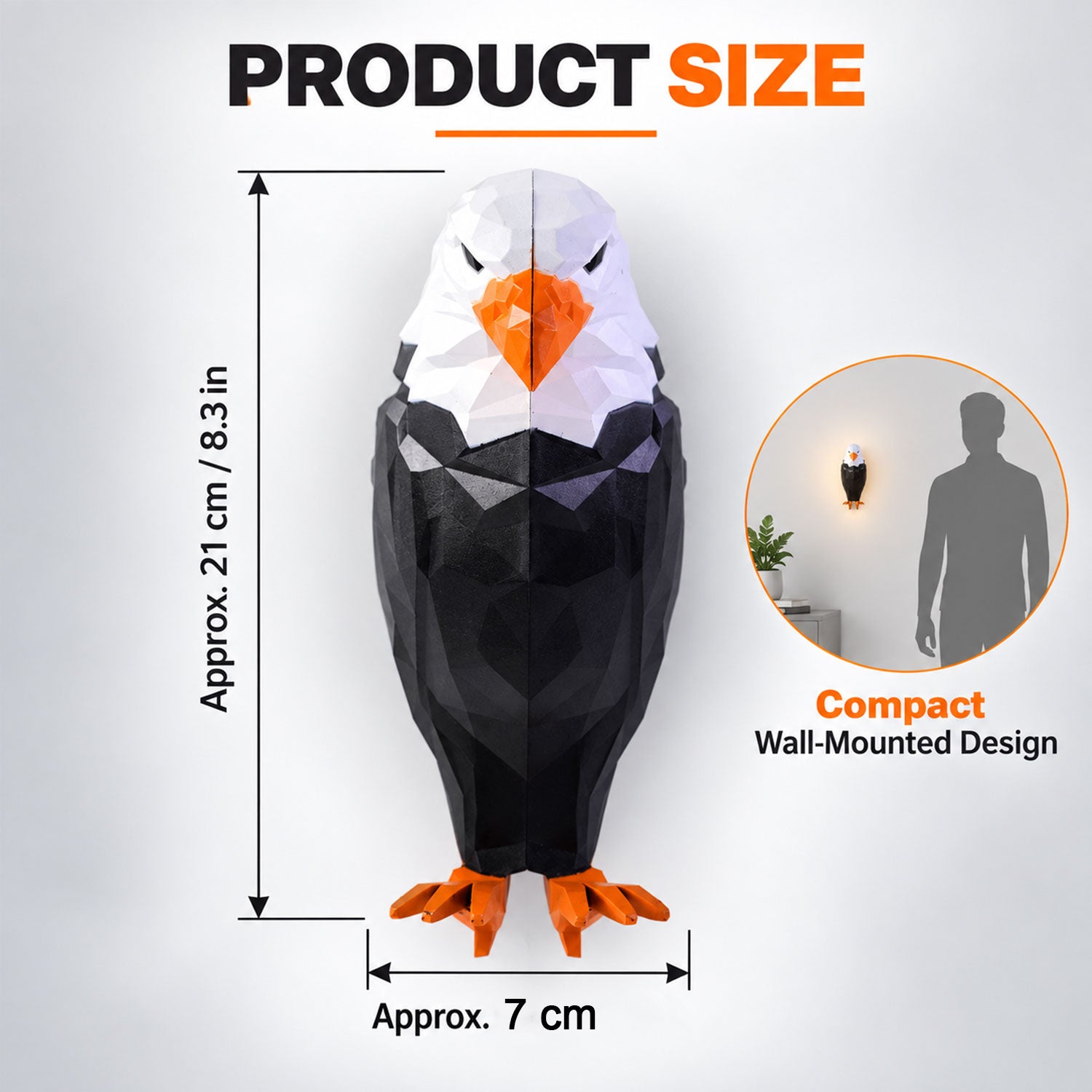 A geometric black and white eagle wall light with dimensions of approximately 21 cm by 7 cm, showing its compact design.