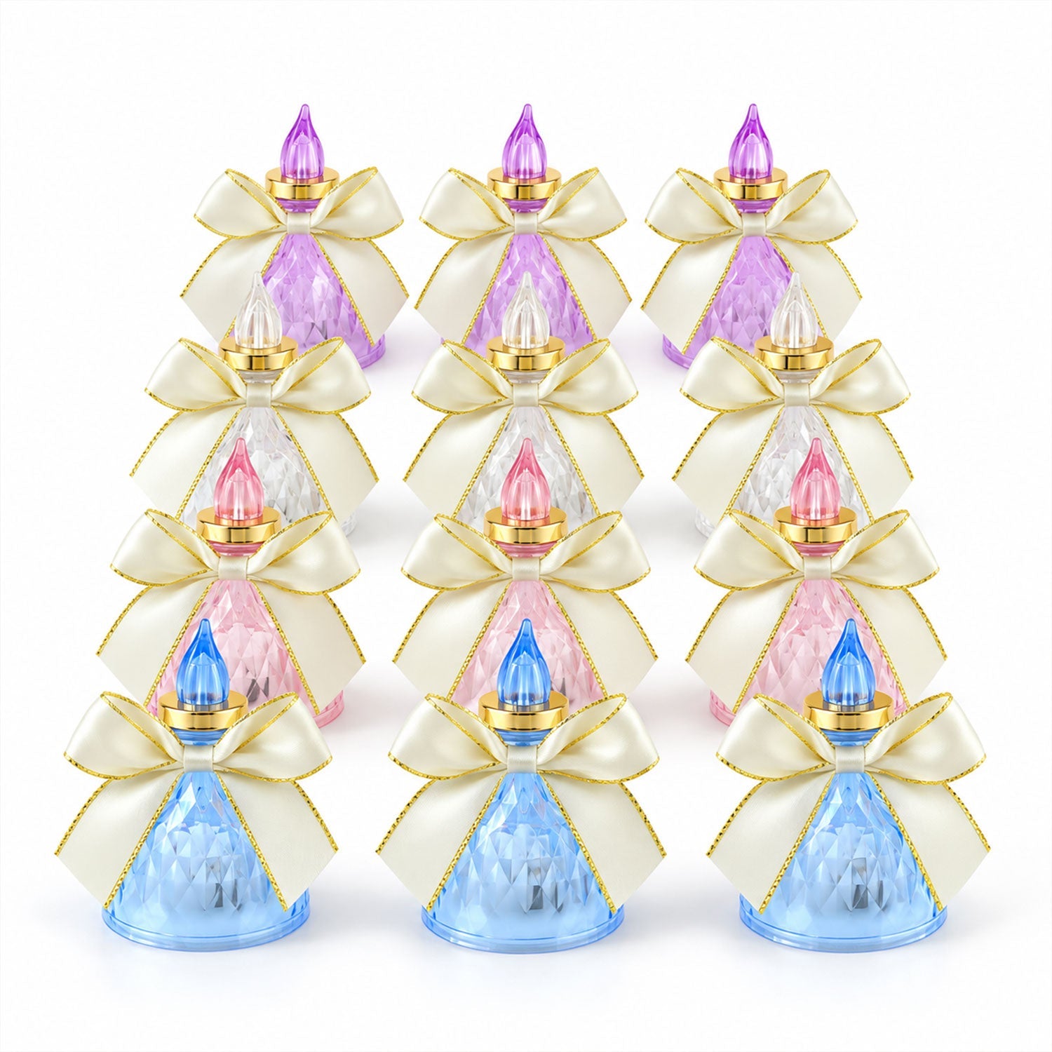 Twelve faceted LED candles with cream bows and gold trim are arranged in rows on a clean white background.