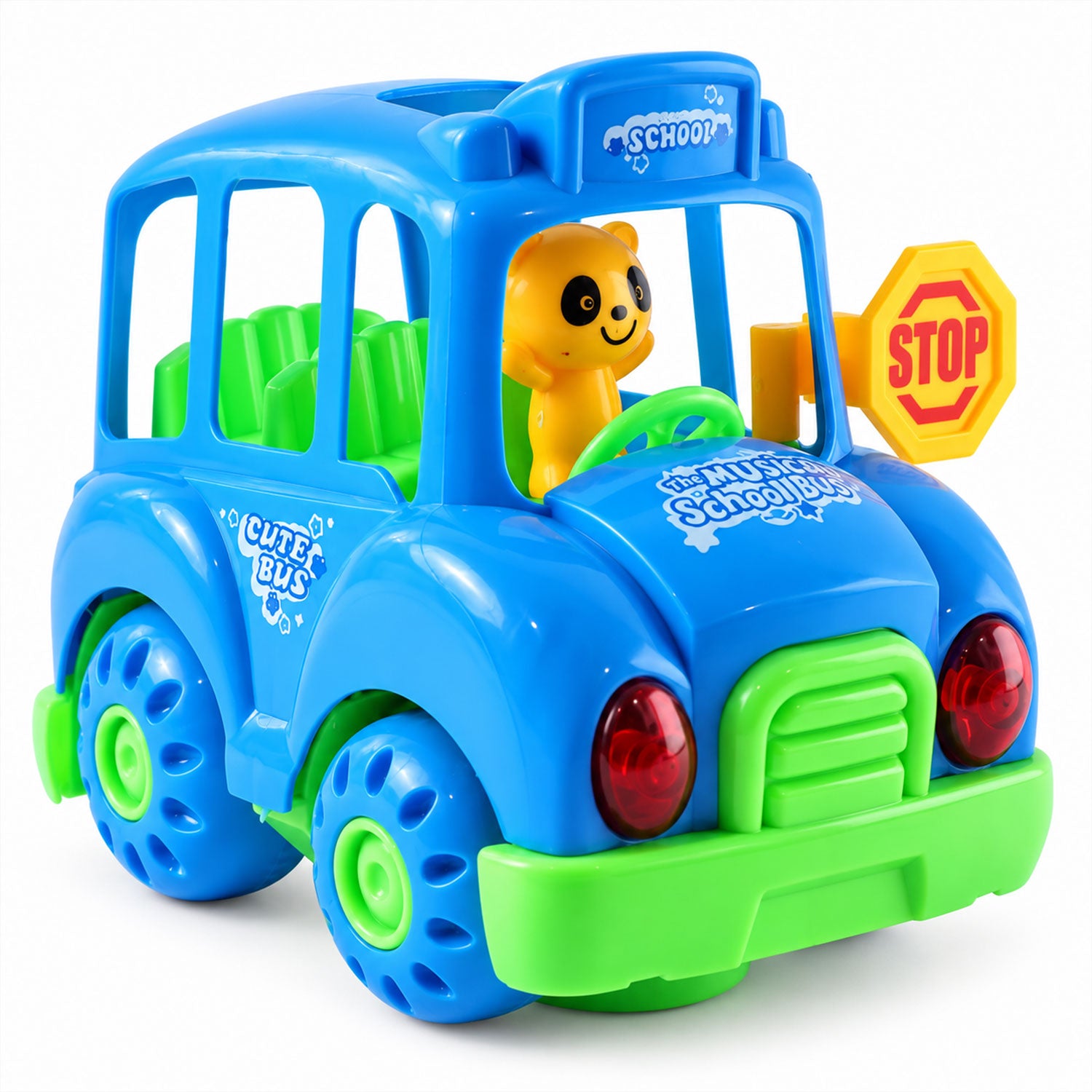 A blue toy school bus with green accents and a yellow panda driver is shown from a slight angle.