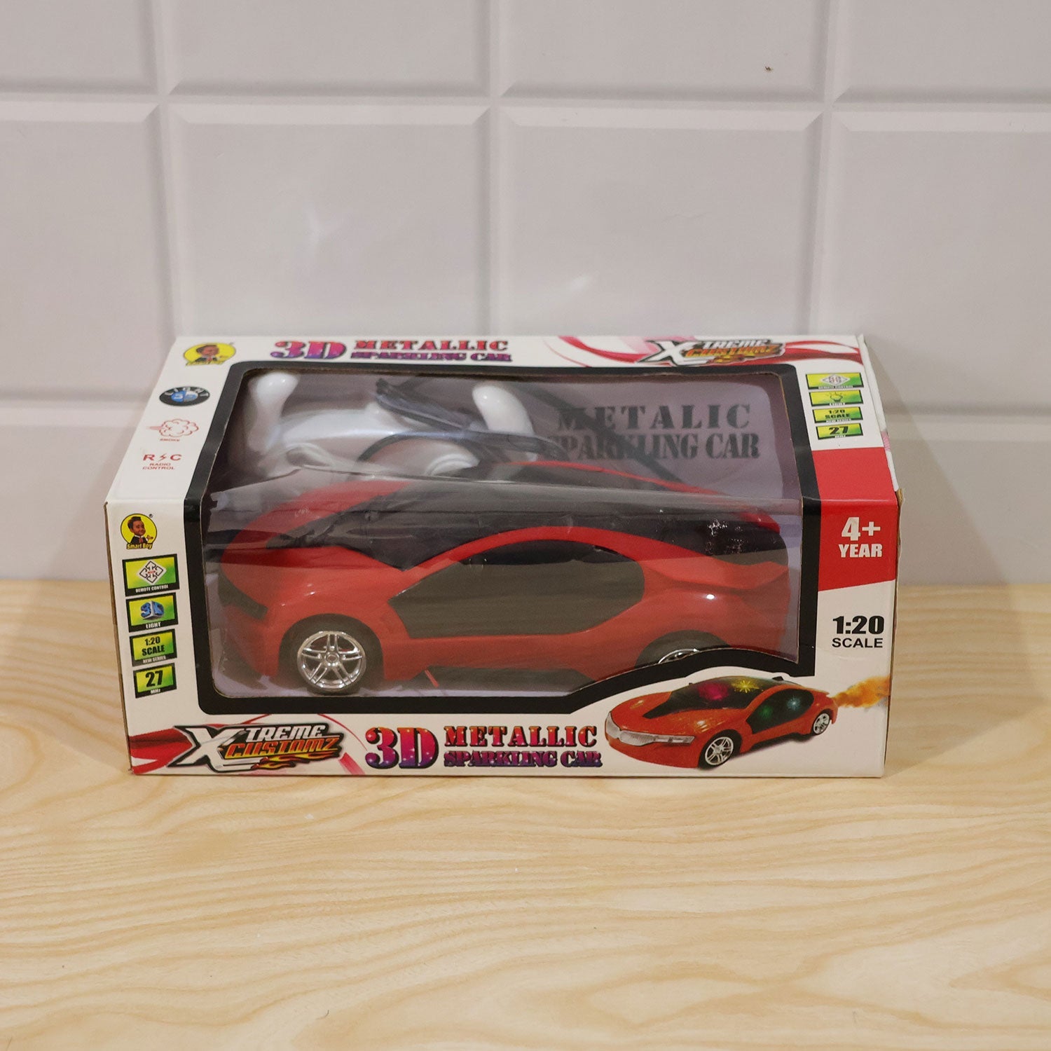 Child playing with the rechargeable RC sports car toy indoors