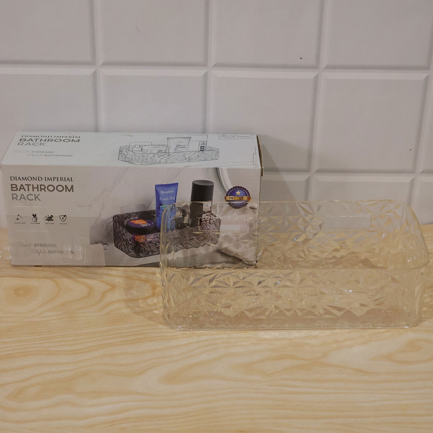 Wall organiser rack on a dressing table, neatly storing skincare products