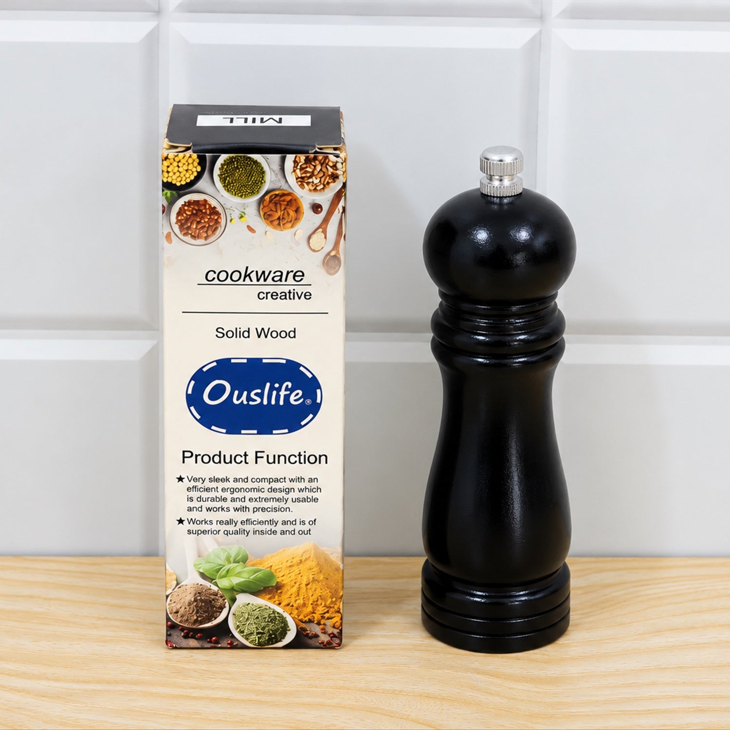 Wooden pepper grinder kitchen use