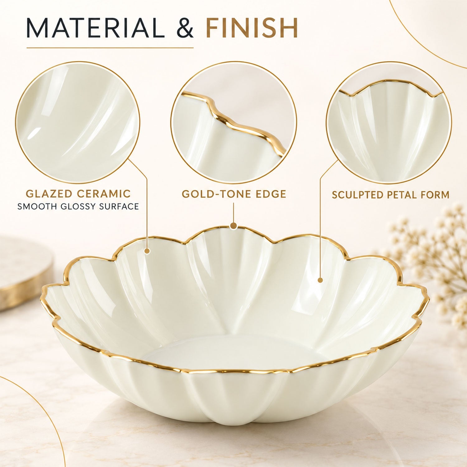 Empty white ceramic scalloped bowl with a gold rim, highlighting its glazed surface and sculpted form.