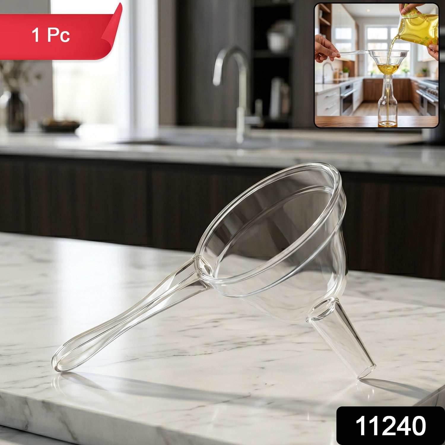 Kitchen funnel pouring grains into a container