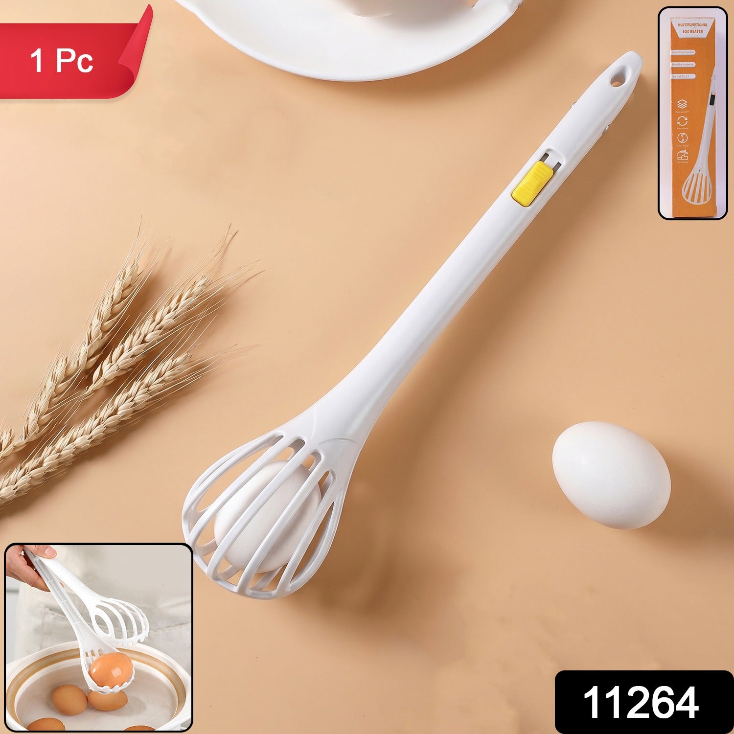 Close-up of food-grade plastic manual whisk used for beating eggs and mixing batters.