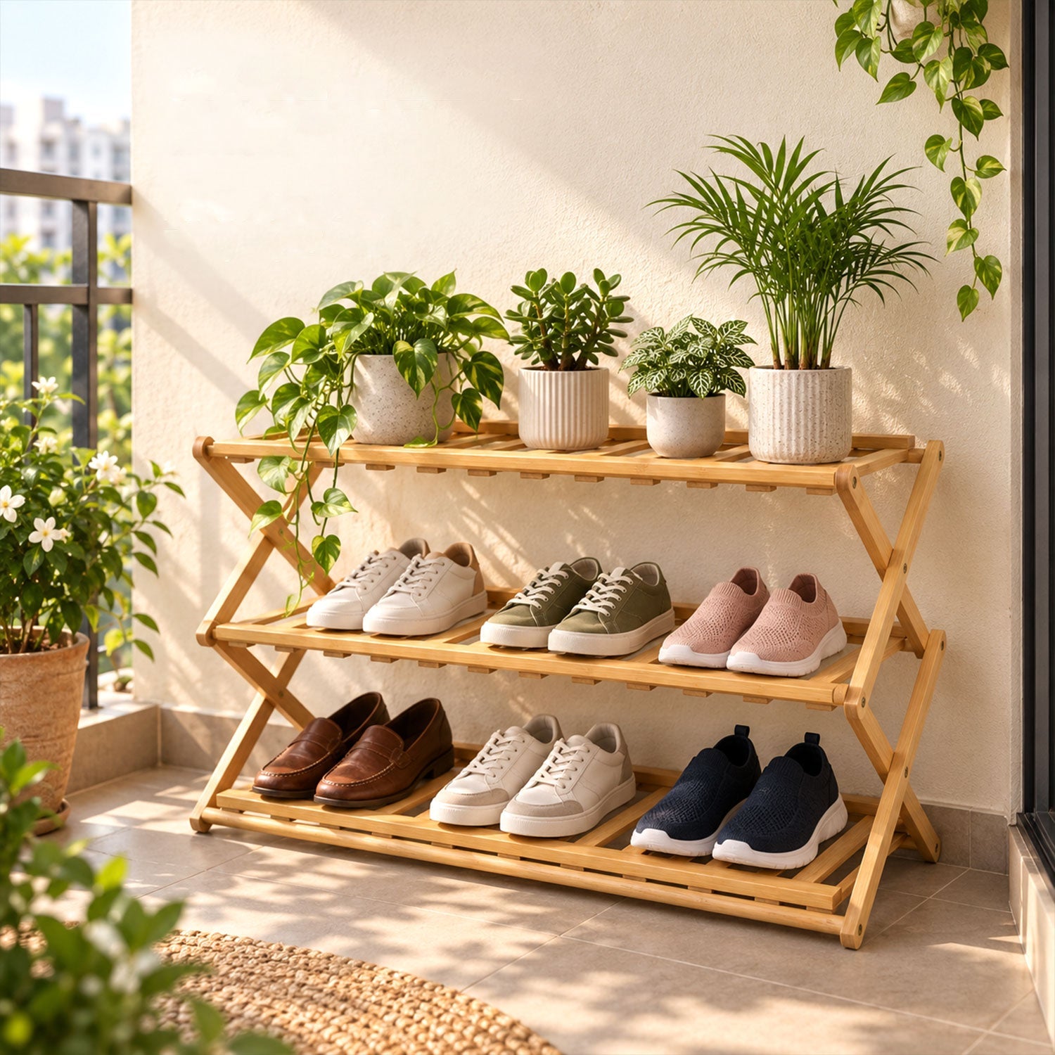 A light brown bamboo three-tier shoe rack holds various pairs of shoes and potted plants on a sunny balcony.