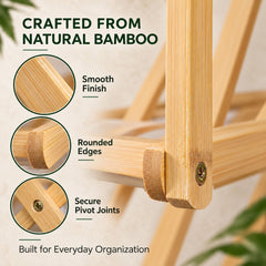 Detailed view of the bamboo rack's smooth finish, rounded edges, and secure pivot joints for everyday organization.