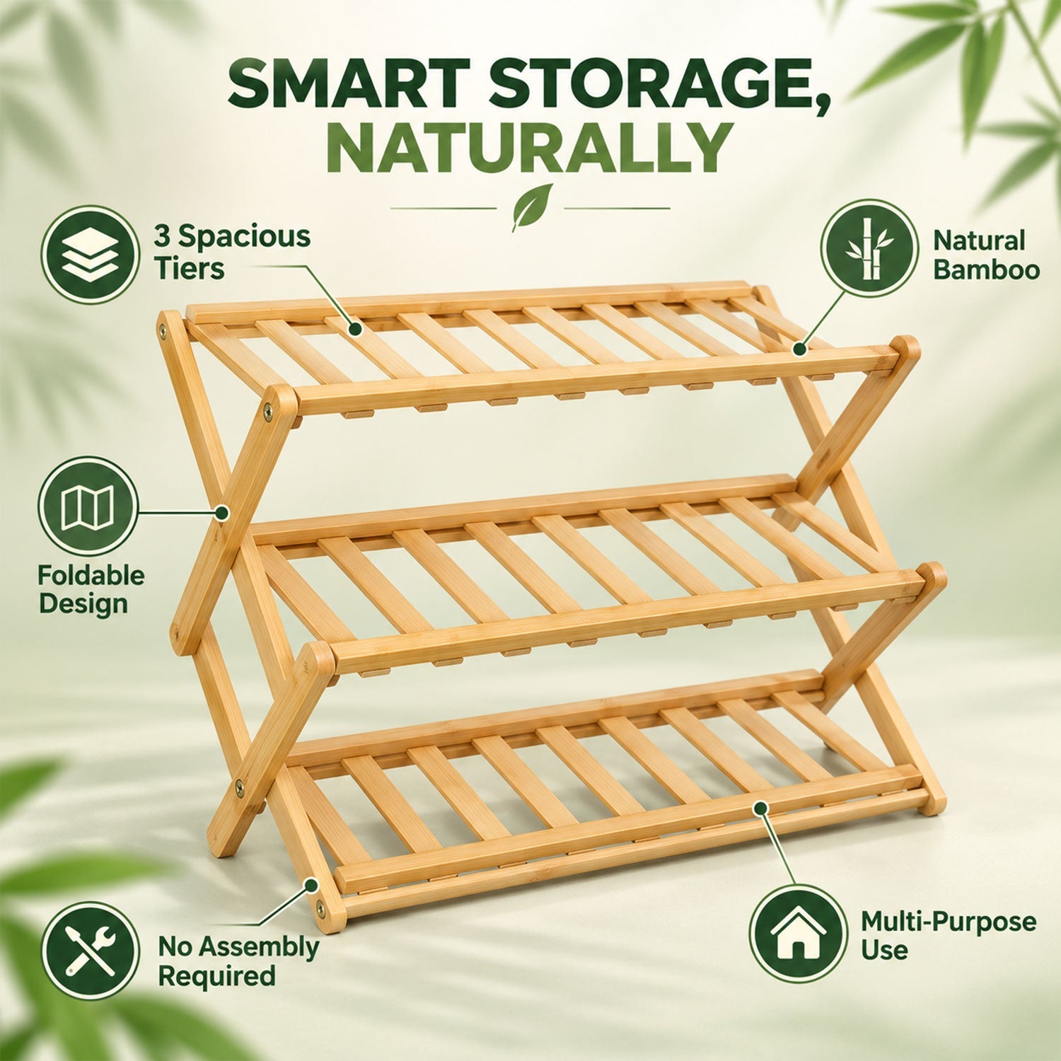 A three-tier bamboo rack with icons indicating its foldable design, natural material, and multi-purpose use.