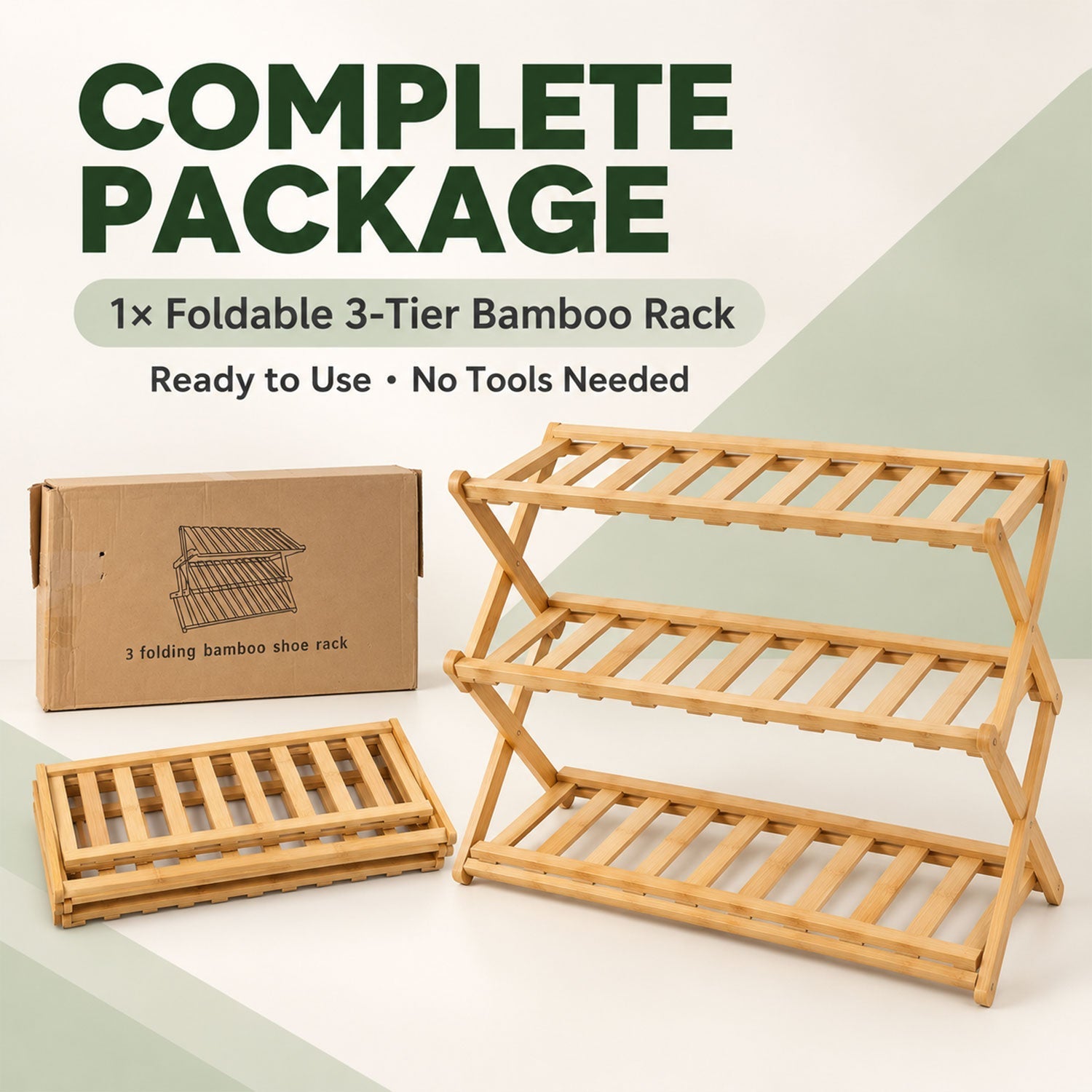 A folded bamboo rack next to an assembled one, with its brown cardboard packaging box in the background.