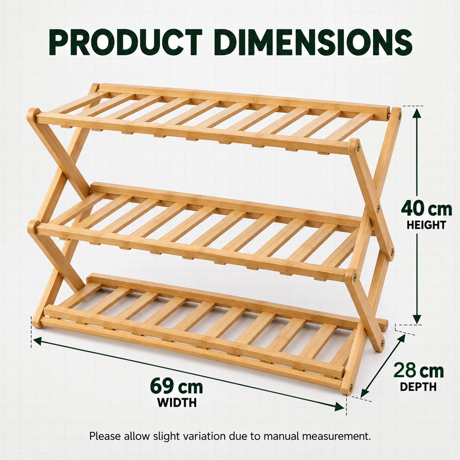 A three-tier bamboo shoe rack with dimensions of 69 cm width, 40 cm height, and 28 cm depth indicated.
